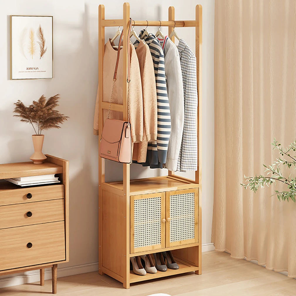 Bamboo Garment Rack With Hanging Rod And Three Storage Shelves