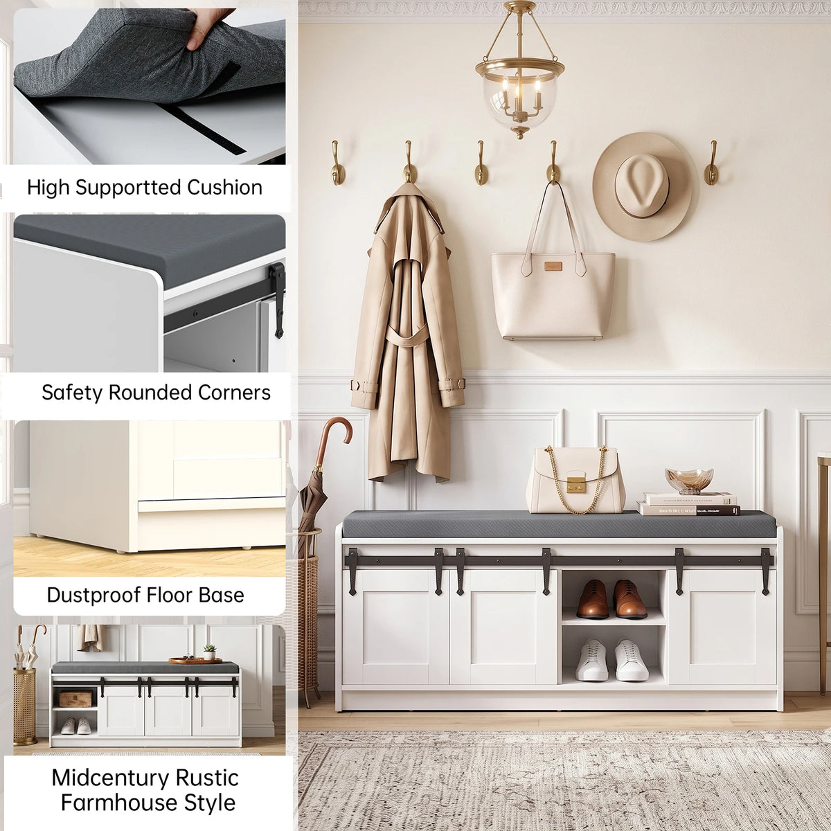 TinyNest Shoe Storage Bench With Padded Seat And Sliding Doors