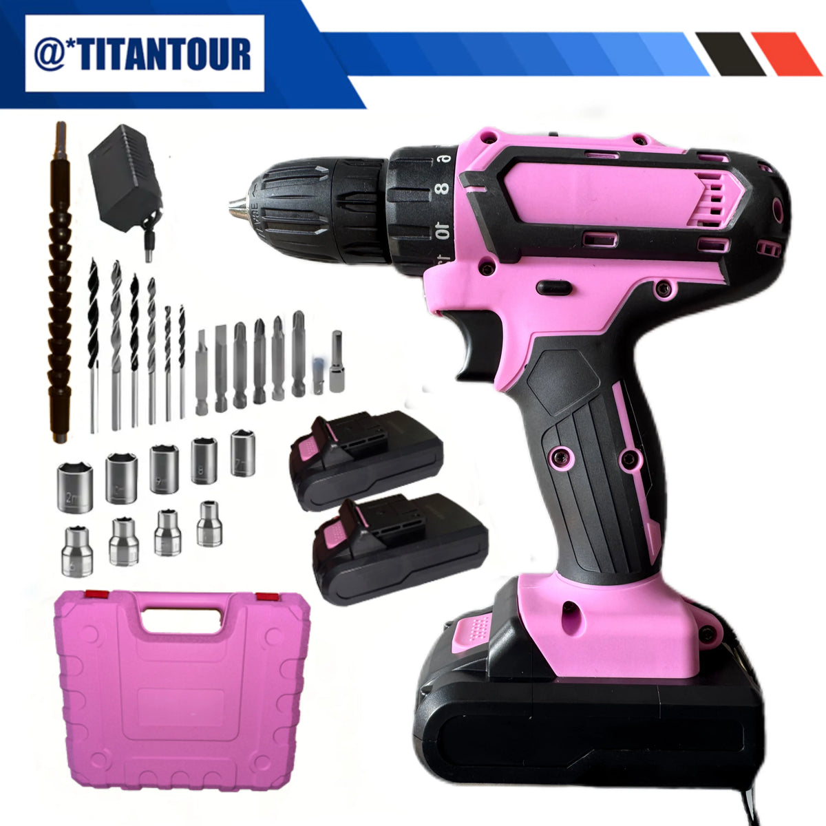 24-Piece Set Brushless Industrial Drill Kit 21V Dual Lithium (2×1200mAh) 18+1 Precision Torque 10mm Metal Lock Chuck for Steel S