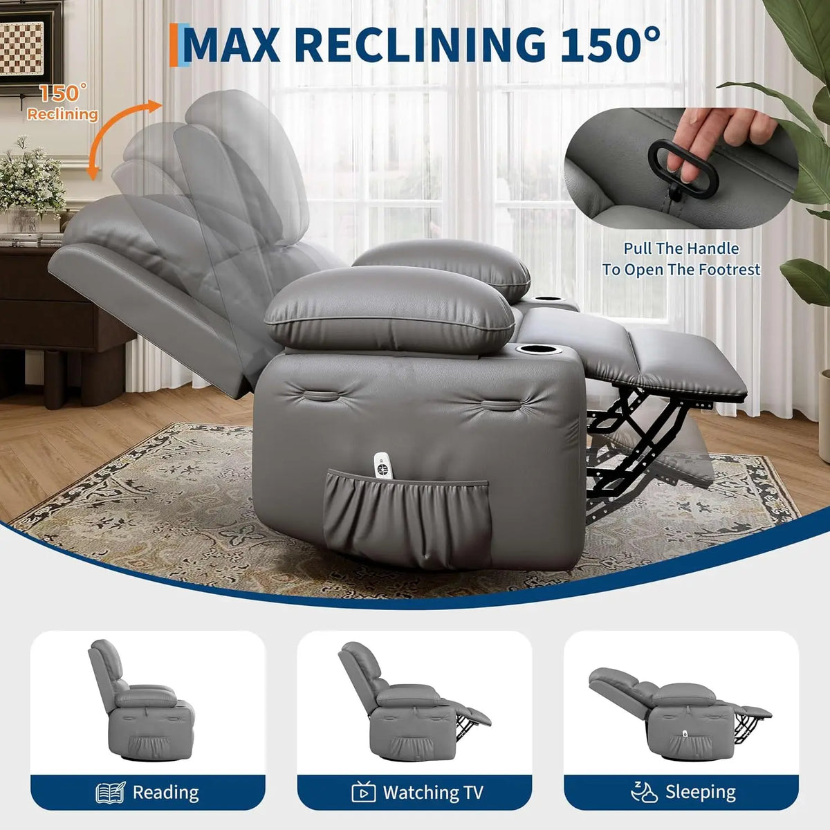 TACLEEKII Swivel Recliner Chair With Heat Massage And Cup Holders