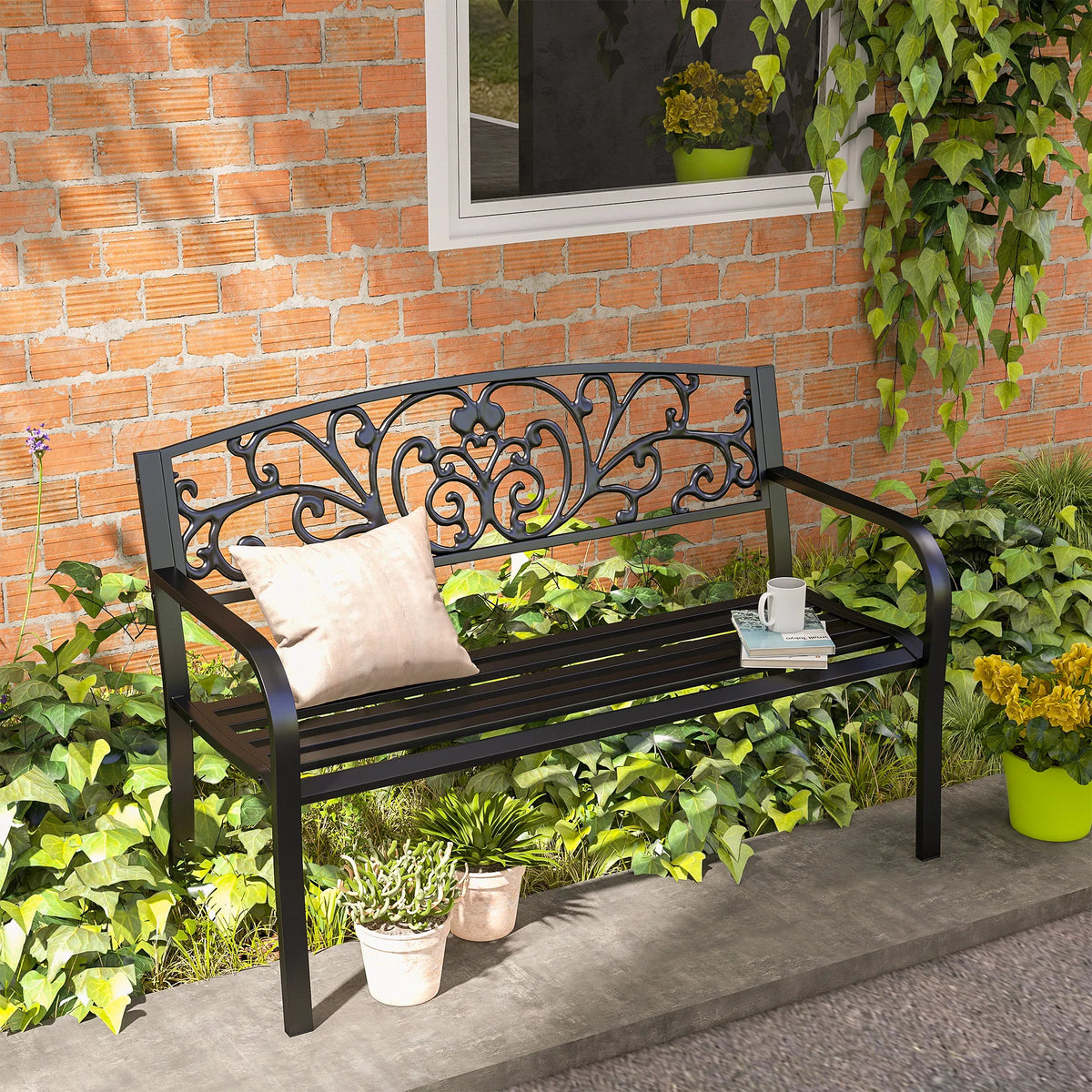 Patio Park Garden Bench Porch Path Chair Outdoor Lawn Garden Black 2 Seat