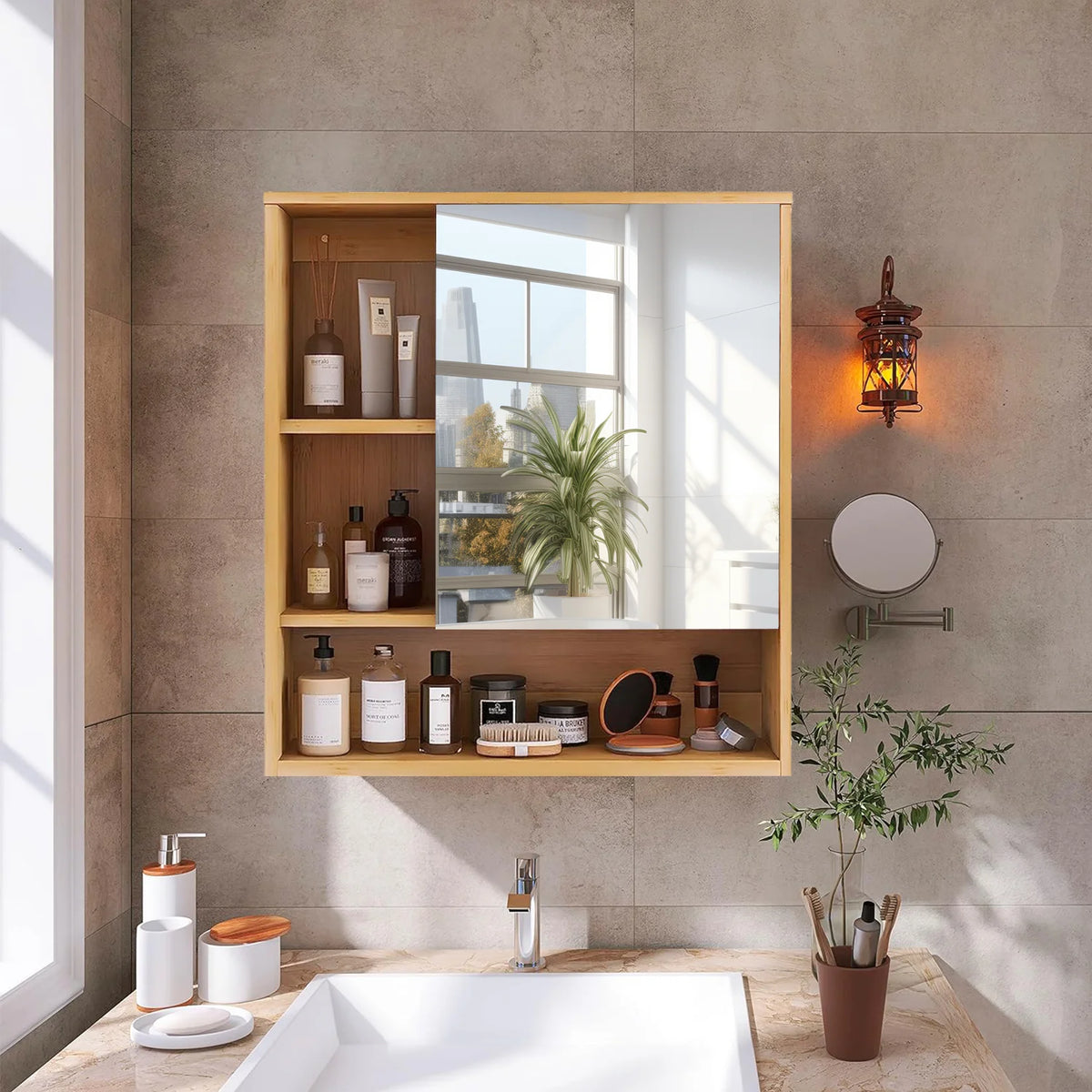 Bamboo Wall Mounted Medicine Cabinet With Mirror And Open Shelves