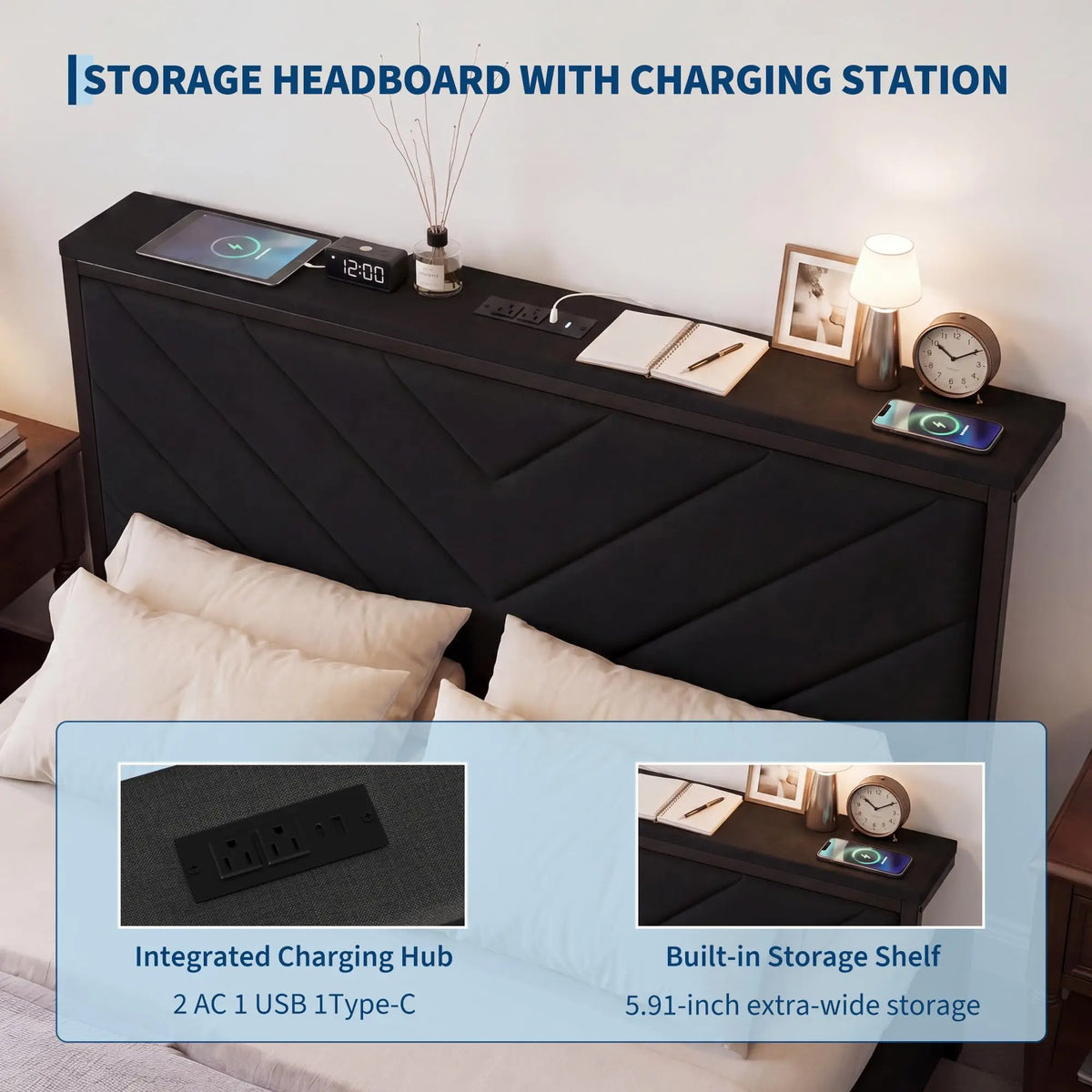 HiMISS Upholstered Metal Platform Bed Frame With Storage Charging Station