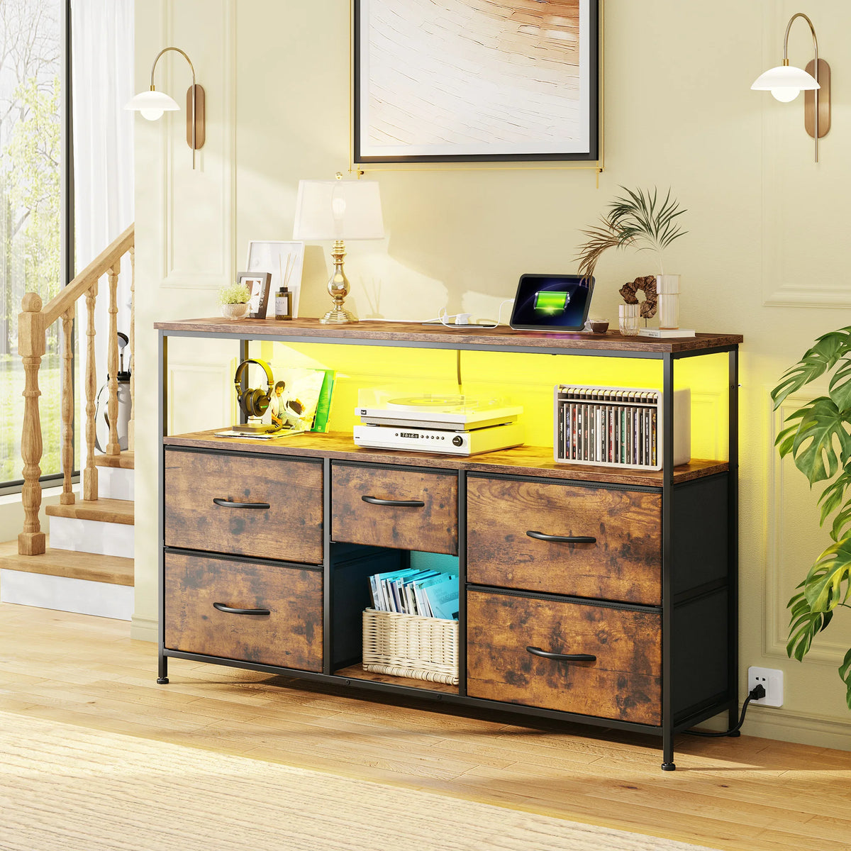 EnHomee Five Drawer TV Console With LED Lights And Storage