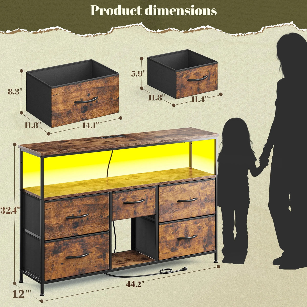 EnHomee Five Drawer TV Console With LED Lights And Storage