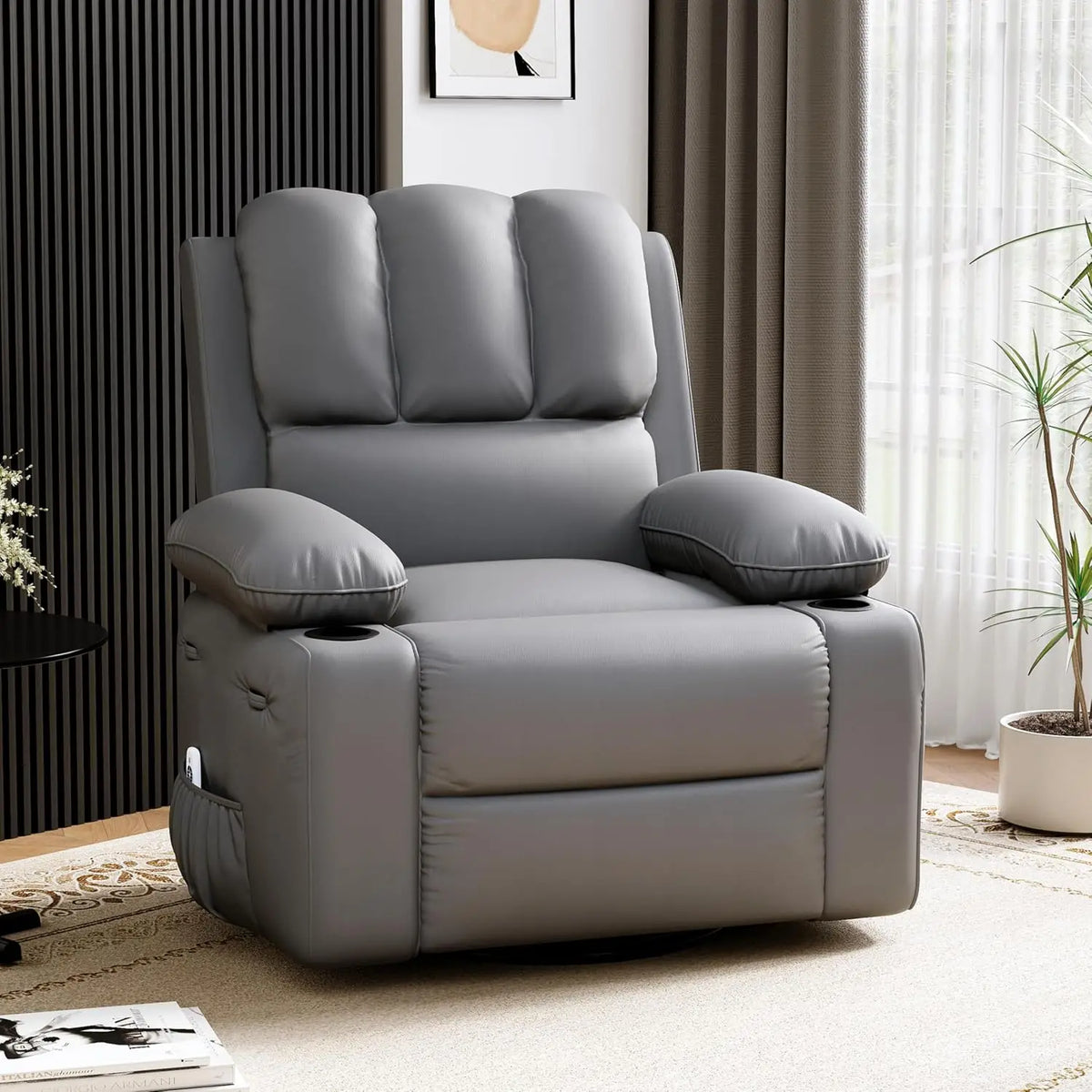 TACLEEKII Swivel Recliner Chair With Heat Massage And Cup Holders