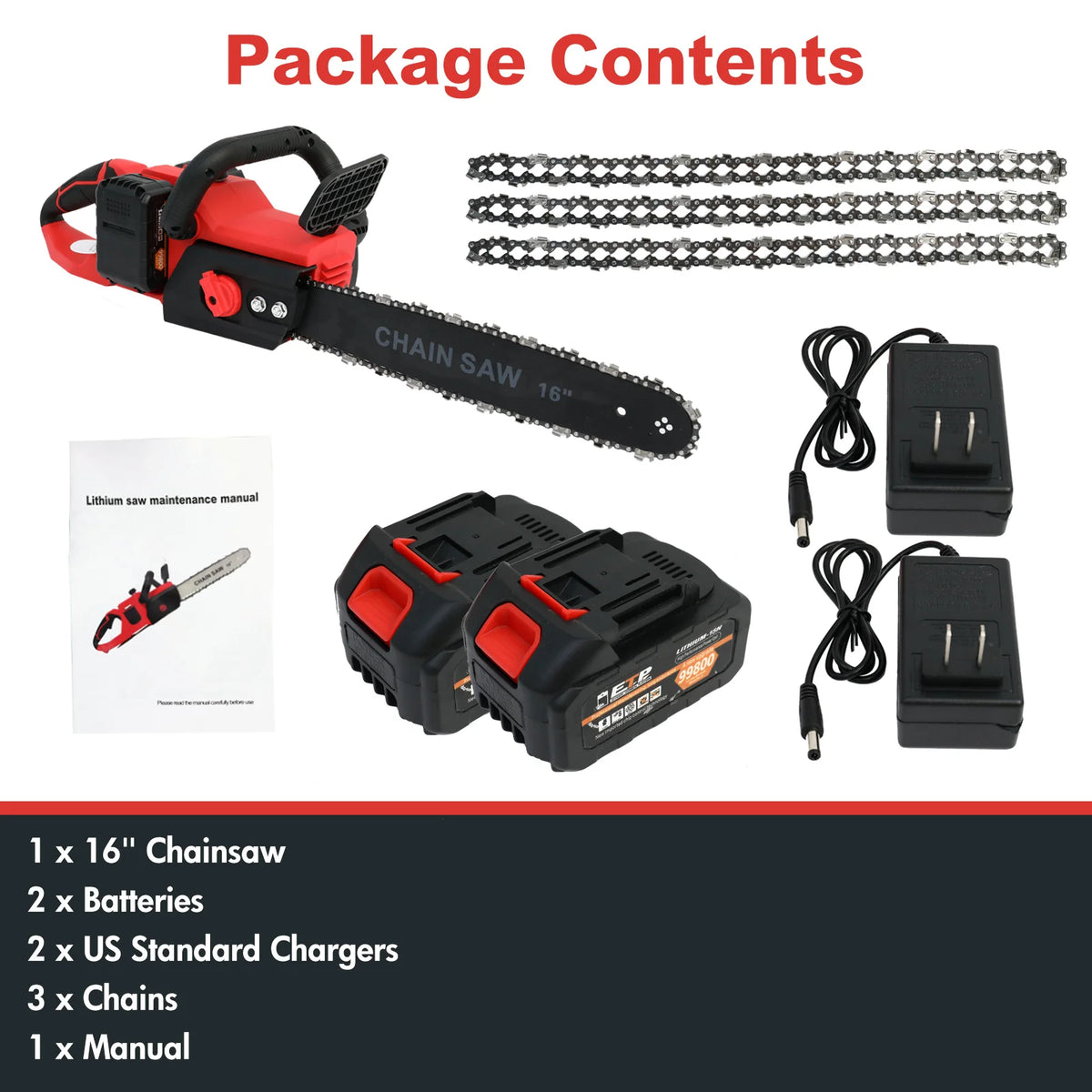 16-Inch Cordless Chainsaw High-Speed 42V 1350W Brushless 2x2000mAh Batteries 3 Chains 2 Chargers for Wood Cutting Tree Trimming