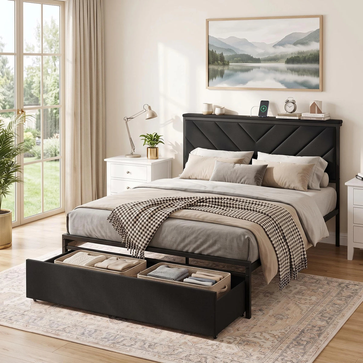HiMISS Upholstered Metal Platform Bed Frame With Storage Charging Station