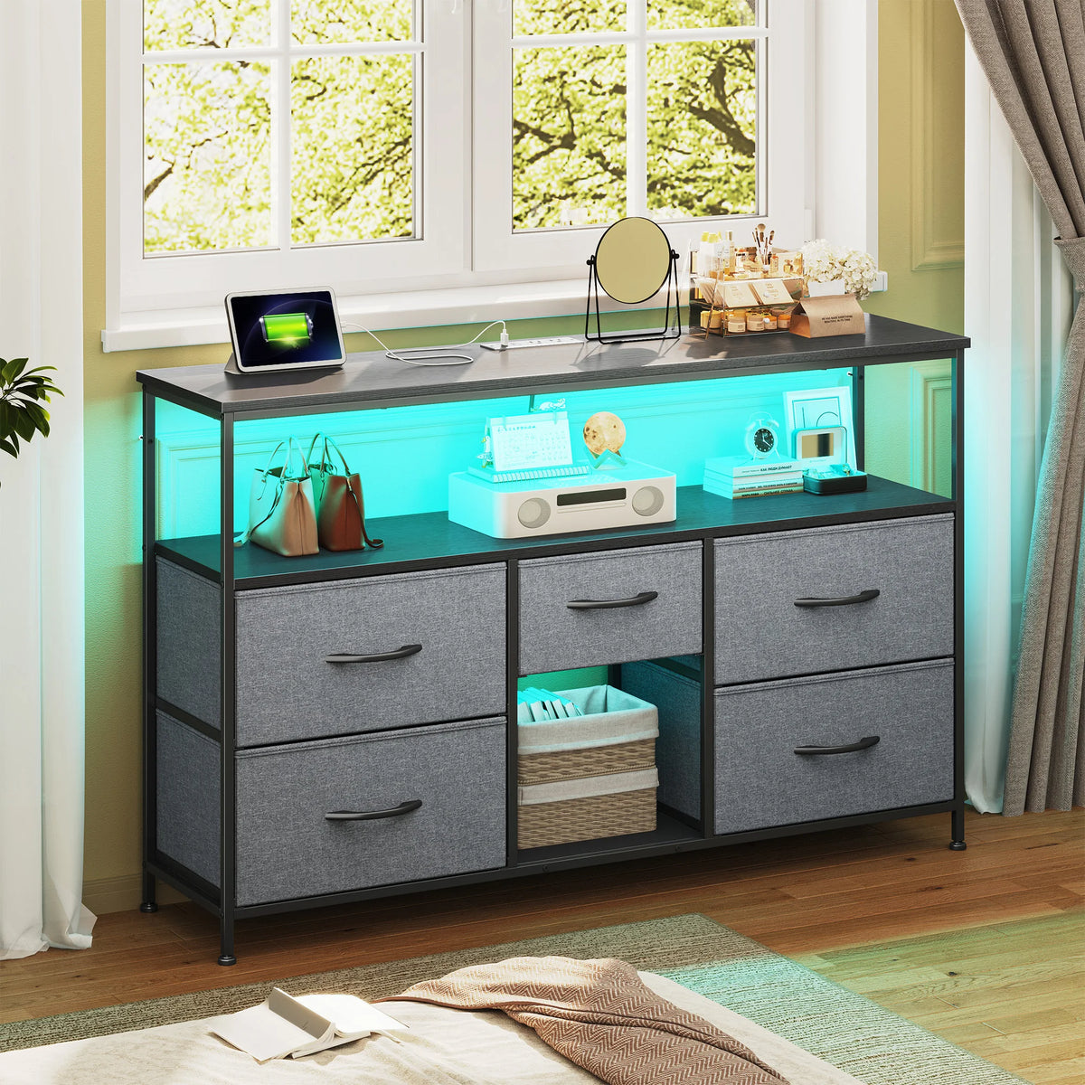EnHomee Five Drawer TV Console With LED Lights And Storage