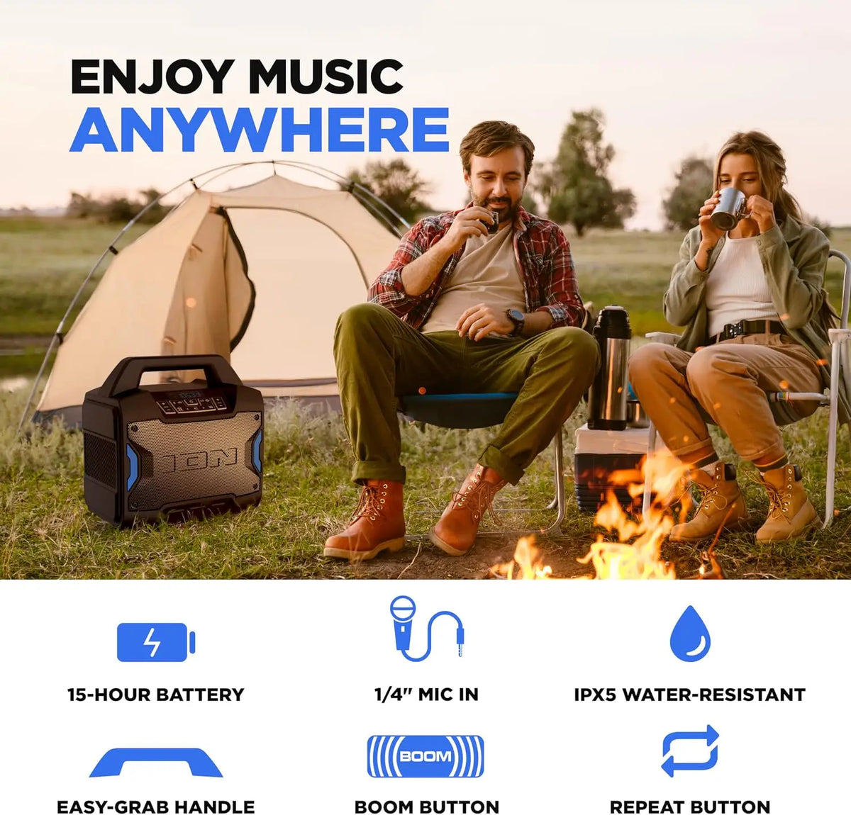 Portable Outdoor Bluetooth Speaker, 60W, Water-Resistant, with Radio, Mic Input, USB Charging, Stereo Pairing, Bass Boost & App Control - Ideal for Parties and Outdoor Events
