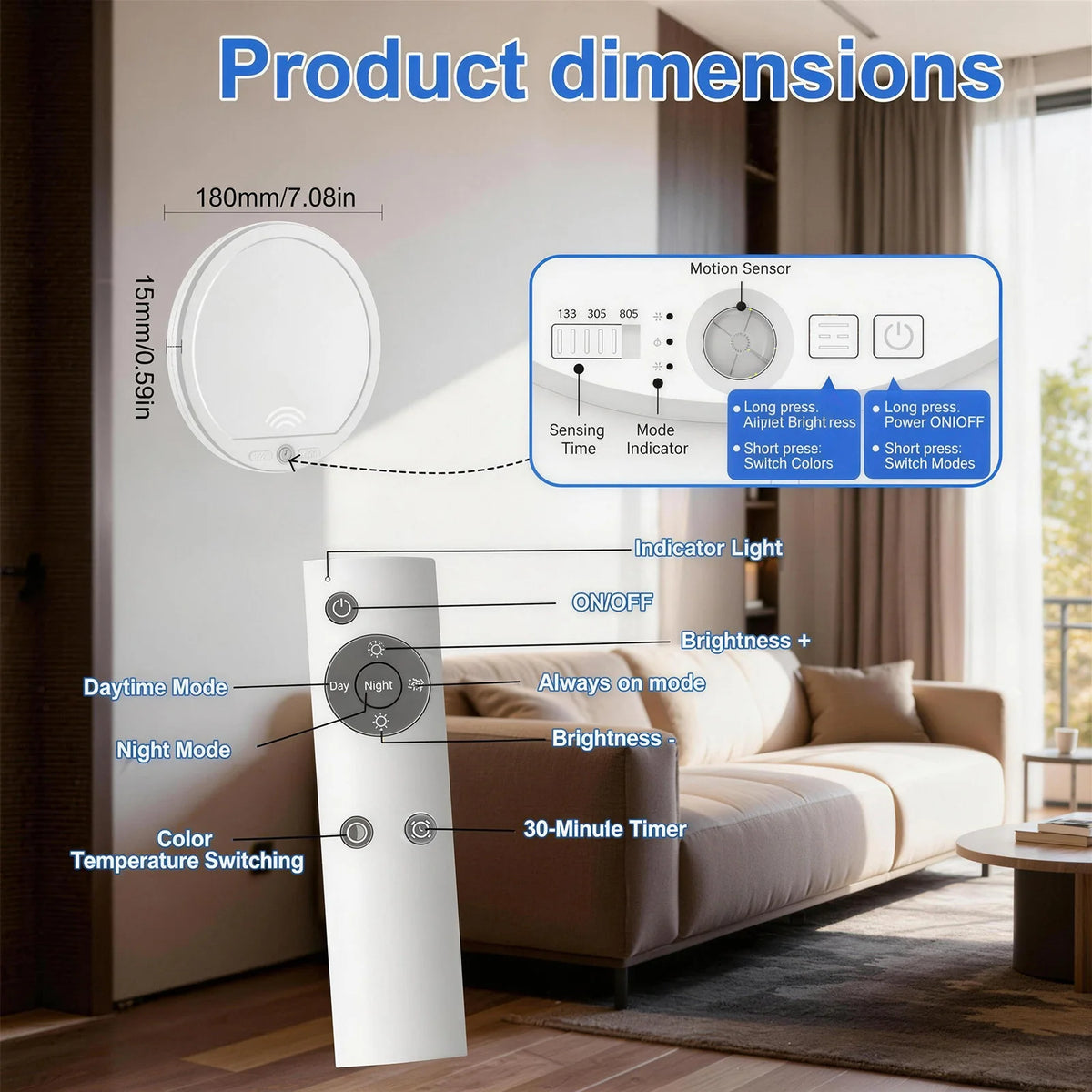 Rechargeable Motion Sensor Ceiling Light 3 Working Models 3000K-6000K Magnetic Wireless LED Ceiling Light with Remote Battery Powered for Closet Shower Stairs Shed Hallway Living Room
