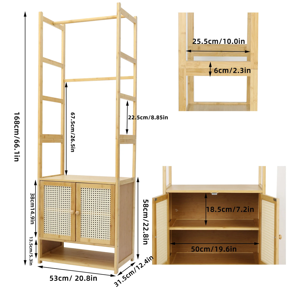 Bamboo Garment Rack With Hanging Rod And Three Storage Shelves