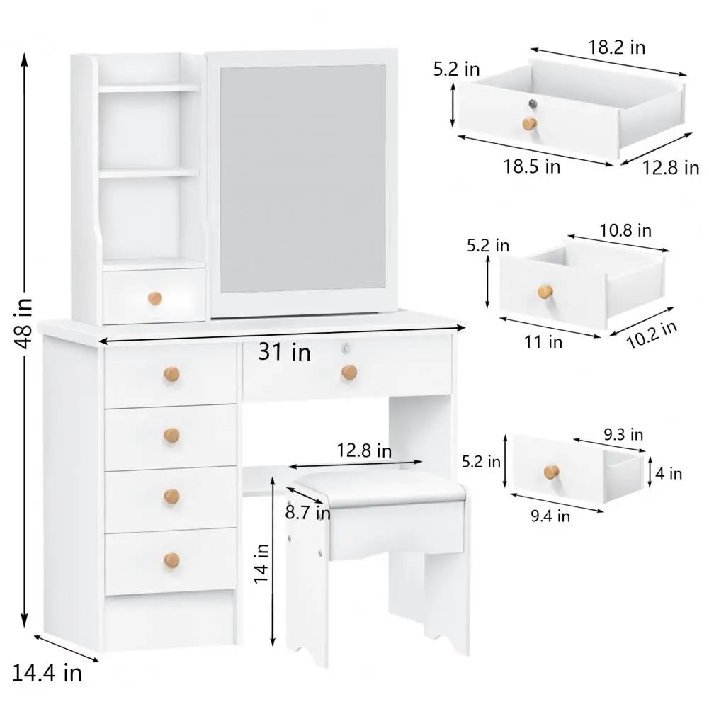 Modern Makeup Vanity Desk With Sliding Mirror And Six Drawers