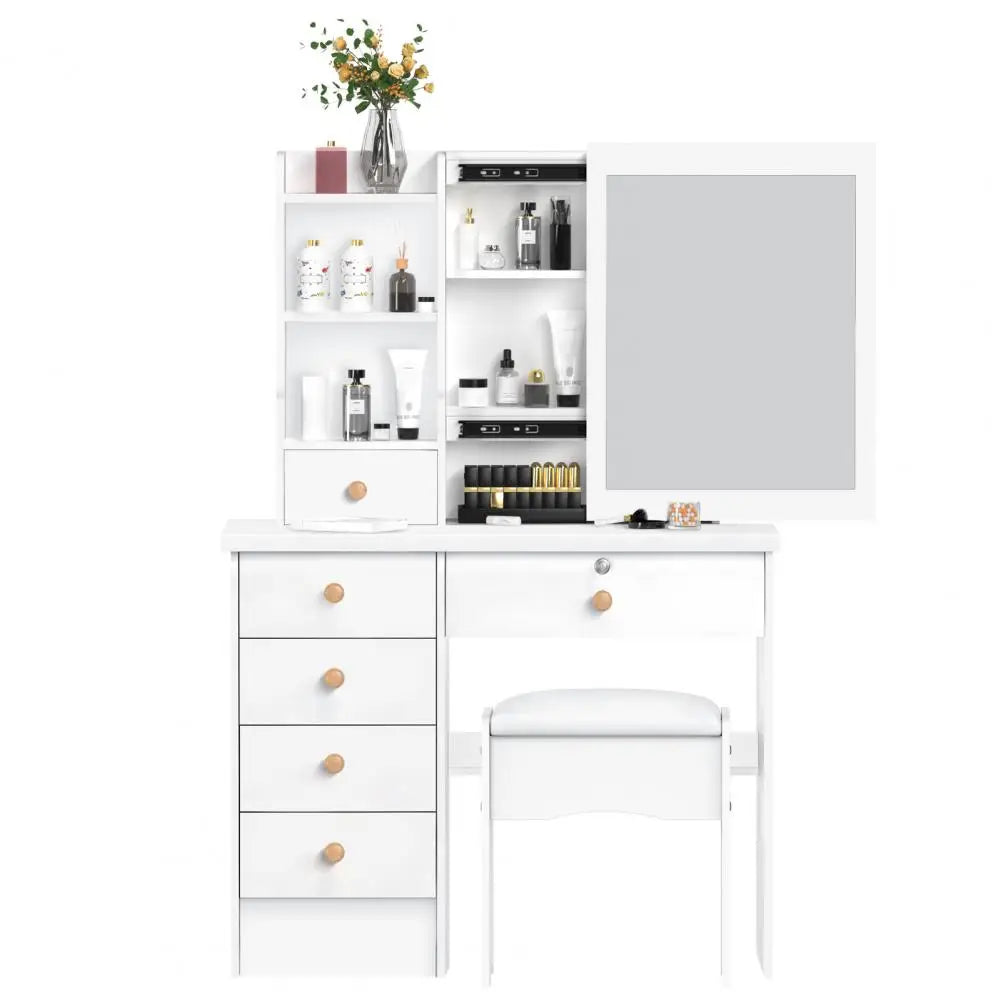 Modern Makeup Vanity Desk With Sliding Mirror And Six Drawers