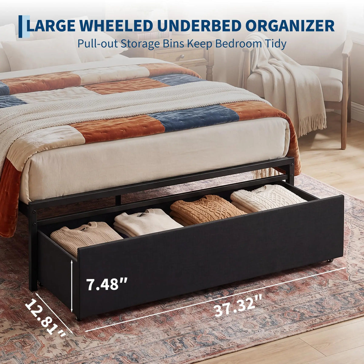 HiMISS Upholstered Metal Platform Bed Frame With Storage Charging Station