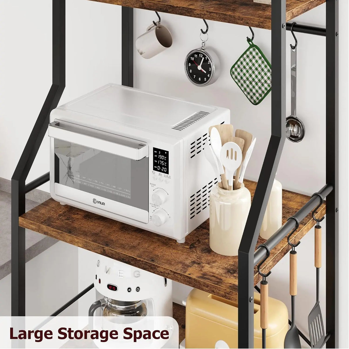 4-Tier Household Floor-Standing Rack For Cookware multi-level and Multi-functional Storage For Bathroom Home Metal Frame 8 S-Hooks Industrial Coffee Bar Storage Shelf