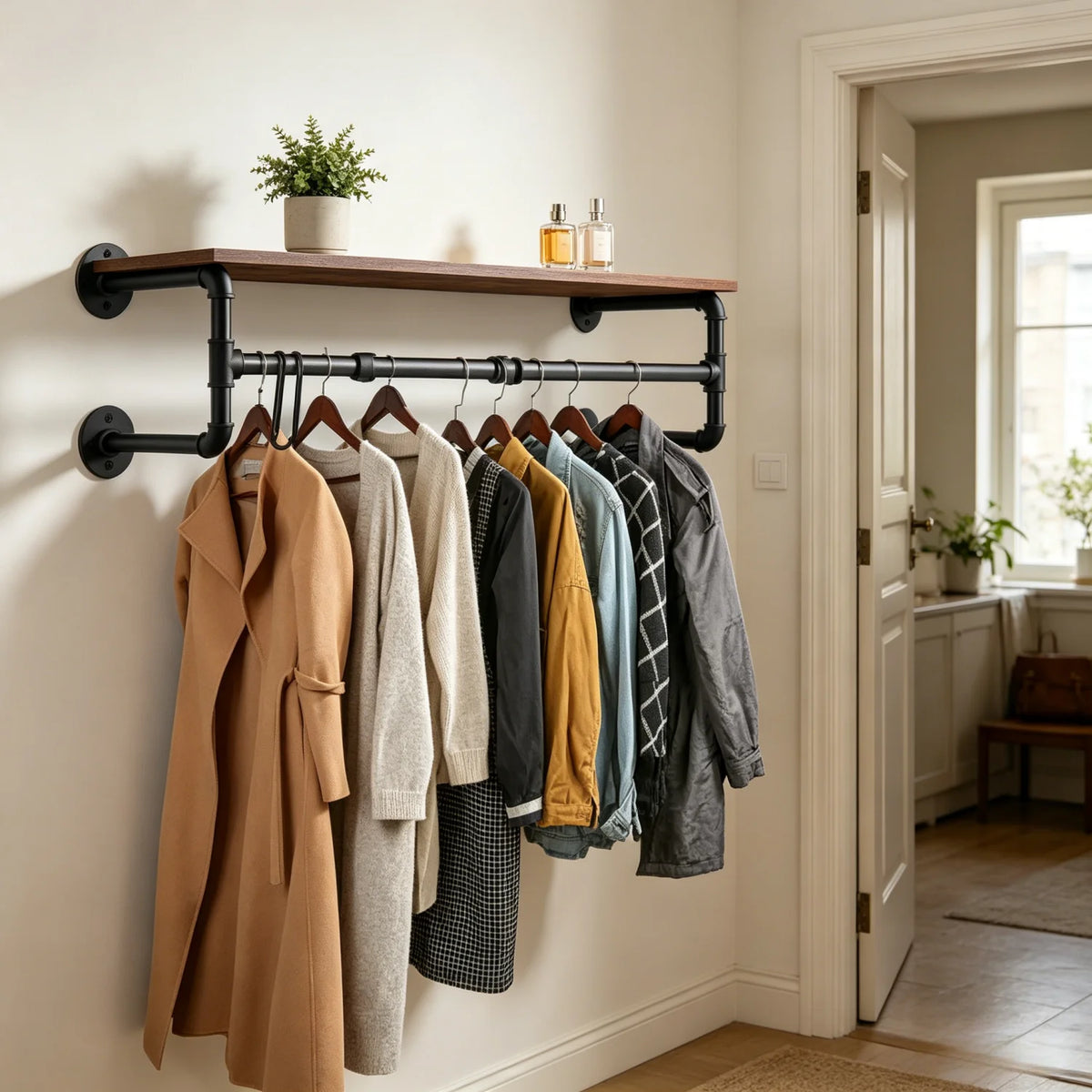 Wall Mounted Metal Clothes Rail With Wood Shelf Storage