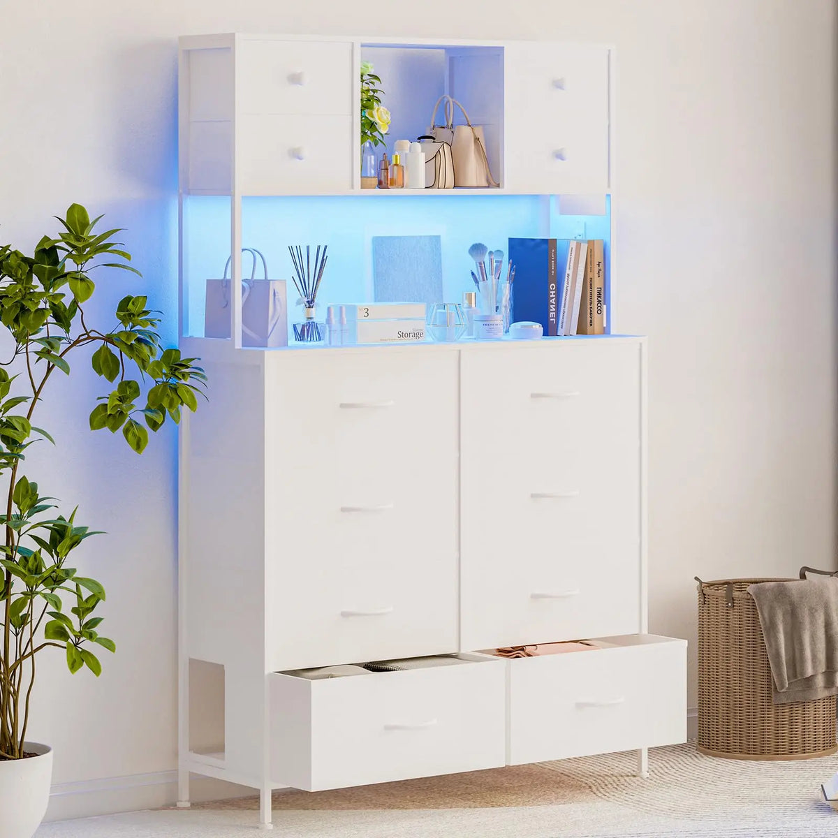 12 Drawer Fabric Dresser With Charging Station And LED Light