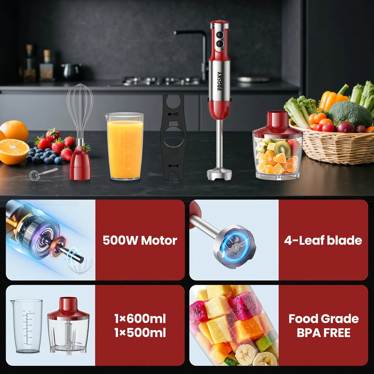 Prasky 5 In 1 Immersion Blender With Whisk And Chopper