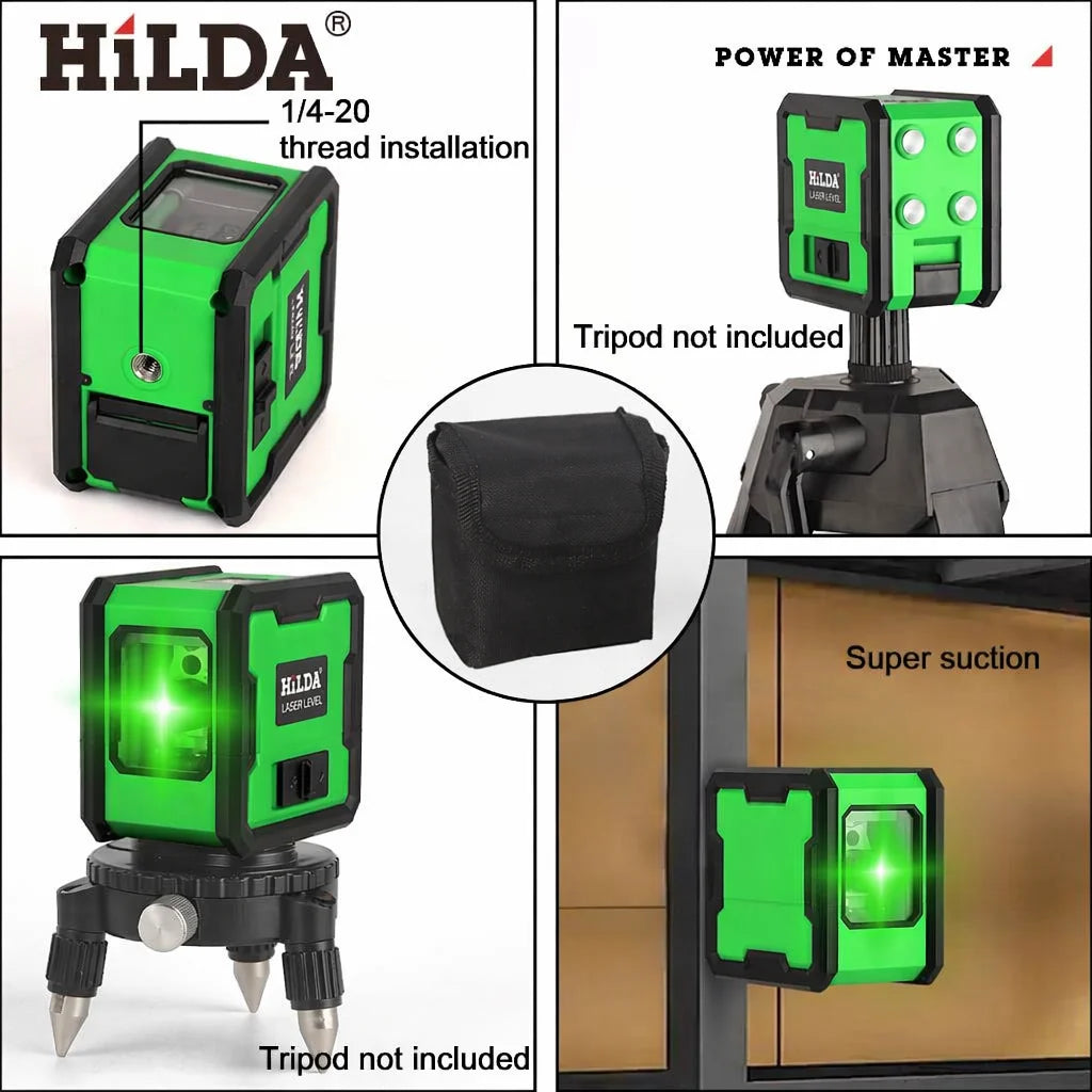 HILDA 2 Lines Green Laser Level with Built-in Back Magnet Self-Leveling Horizontal Vertical Cross Line Laser Level 360° Rotatable Wall Mount Laser Measuring Tool for Construction Decoration