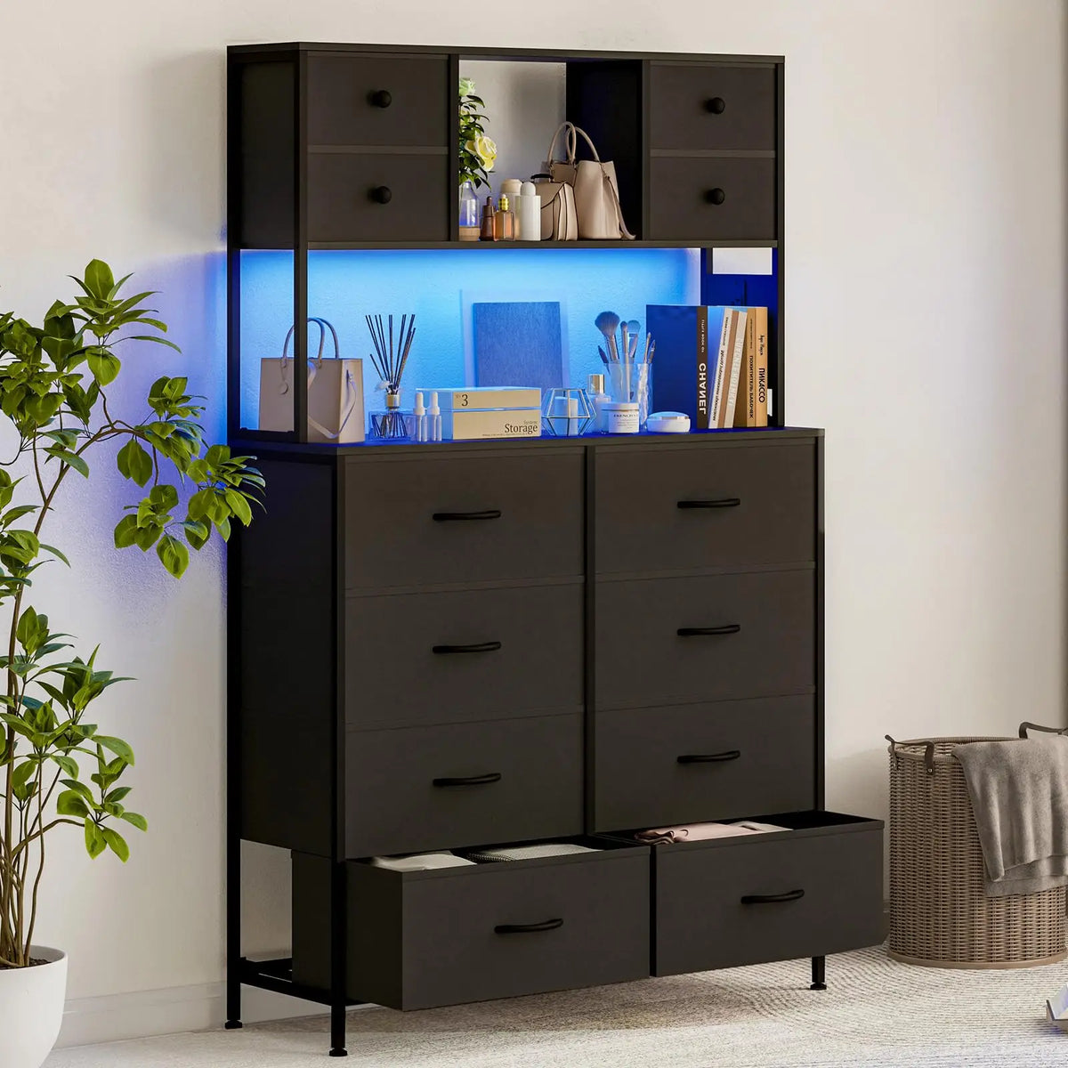 12 Drawer Fabric Dresser With Charging Station And LED Light