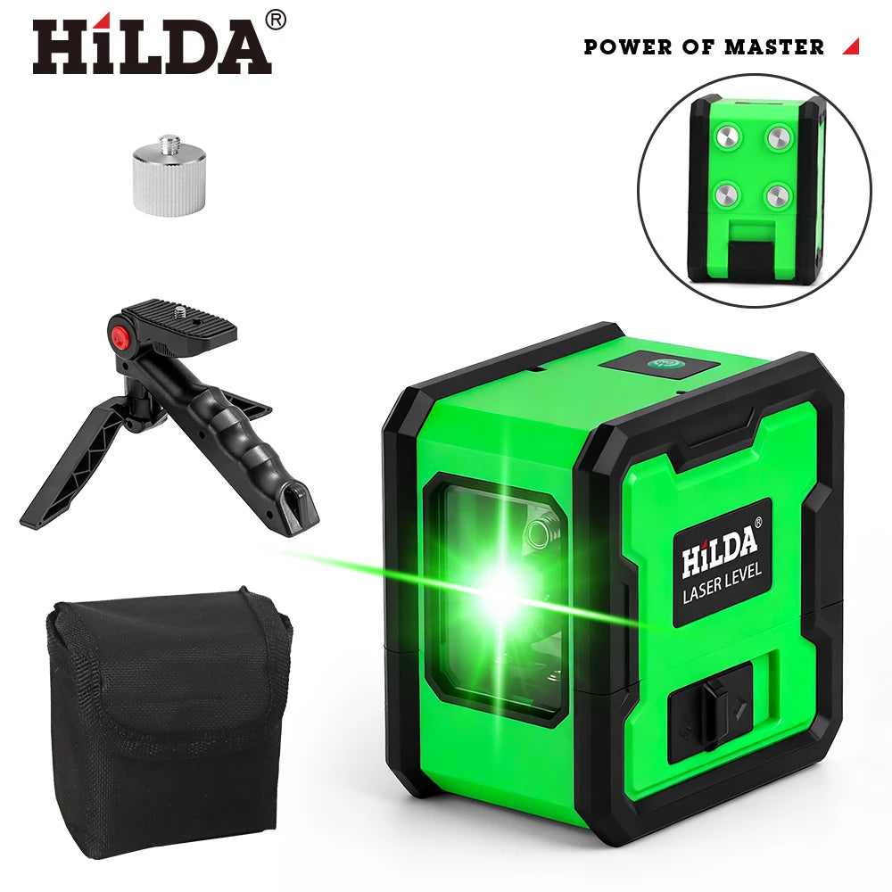 HILDA 2 Lines Green Laser Level with Built-in Back Magnet Self-Leveling Horizontal Vertical Cross Line Laser Level 360° Rotatable Wall Mount Laser Measuring Tool for Construction Decoration