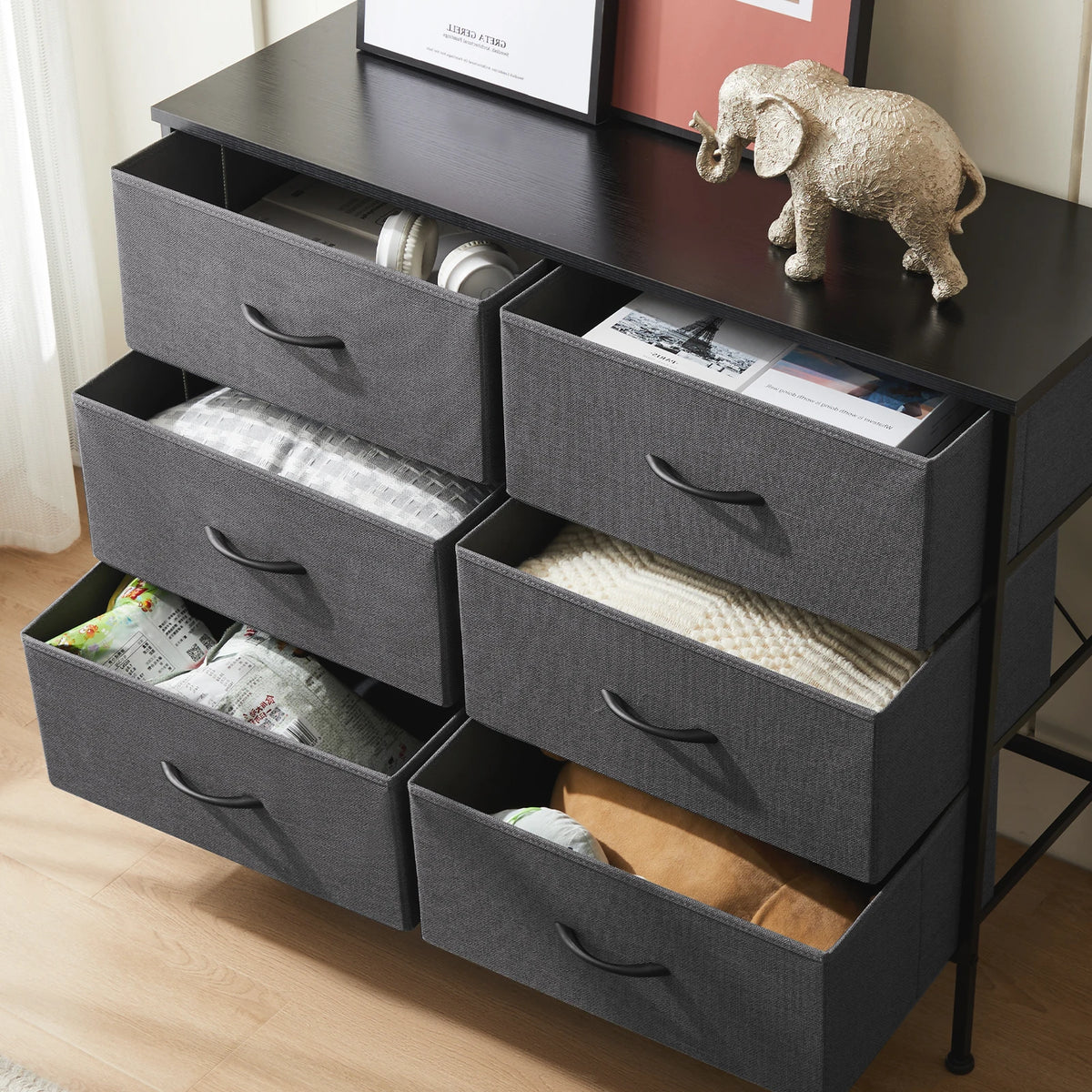 JHK Six Drawer Fabric Storage Nightstand For Bedroom