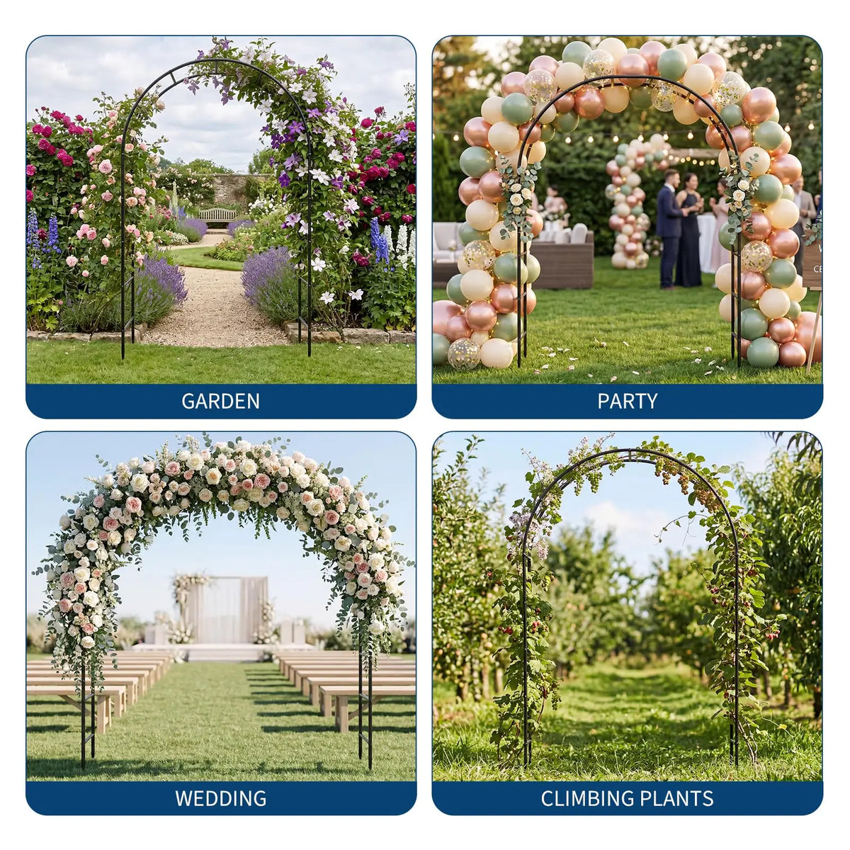 7.3FT Heavy Duty Garden Arch Arbor Trellis, 13mm Thick Steel Climbing Plant Support For Wedding Lawn Patio Party Flower Decor