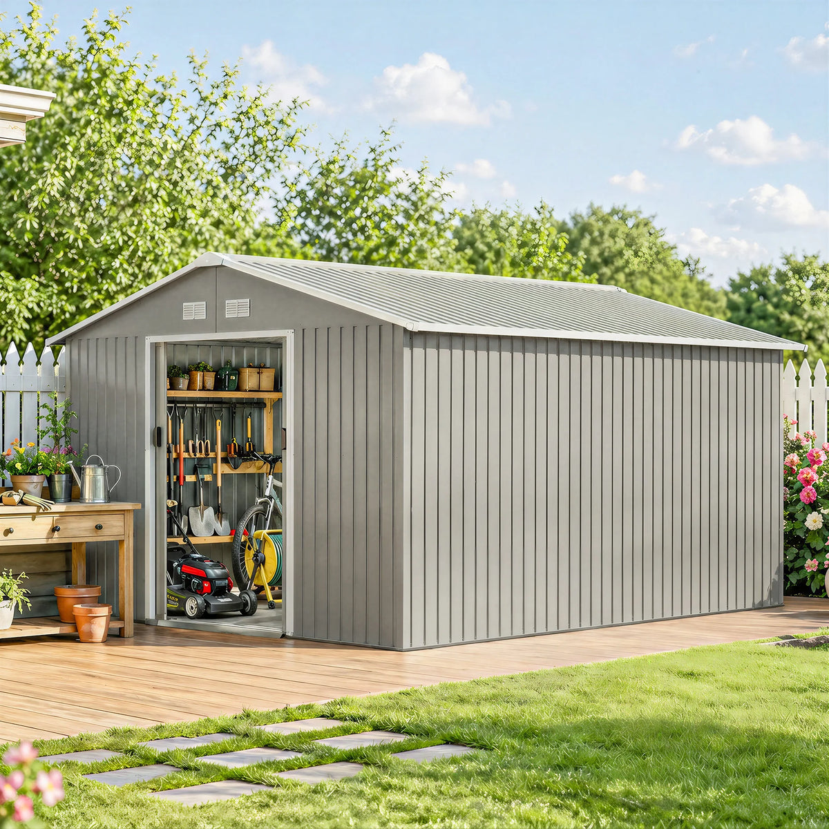13' x 11' Steel Outdoor Utility Storage Tool Shed Kit for Backyard Garden, Grey
