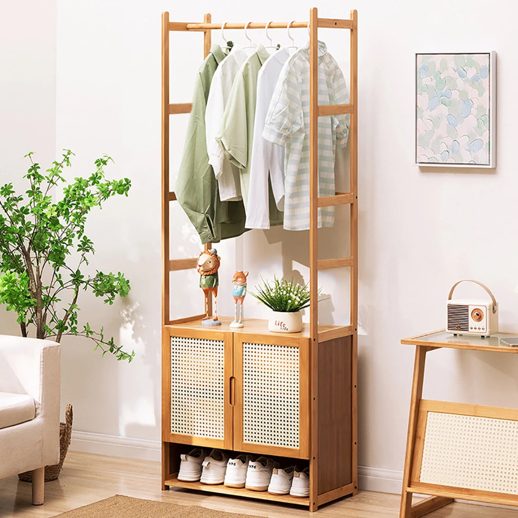 Bamboo Garment Rack With Hanging Rod And Three Storage Shelves