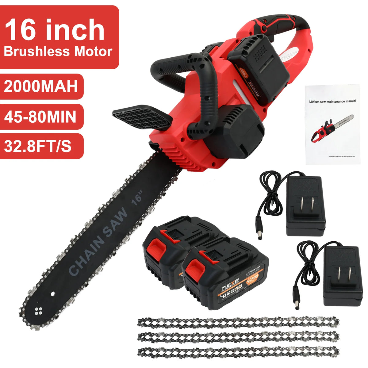 16-Inch Cordless Chainsaw High-Speed 42V 1350W Brushless 2x2000mAh Batteries 3 Chains 2 Chargers for Wood Cutting Tree Trimming