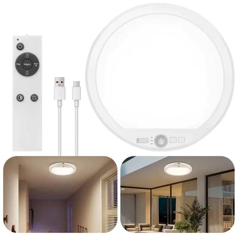 Rechargeable Motion Sensor Ceiling Light 3 Working Models 3000K-6000K Magnetic Wireless LED Ceiling Light with Remote Battery Powered for Closet Shower Stairs Shed Hallway Living Room