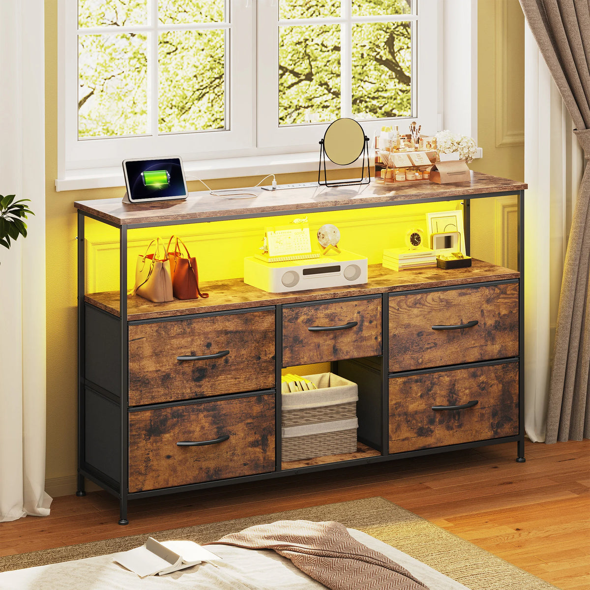 EnHomee Five Drawer TV Console With LED Lights And Storage