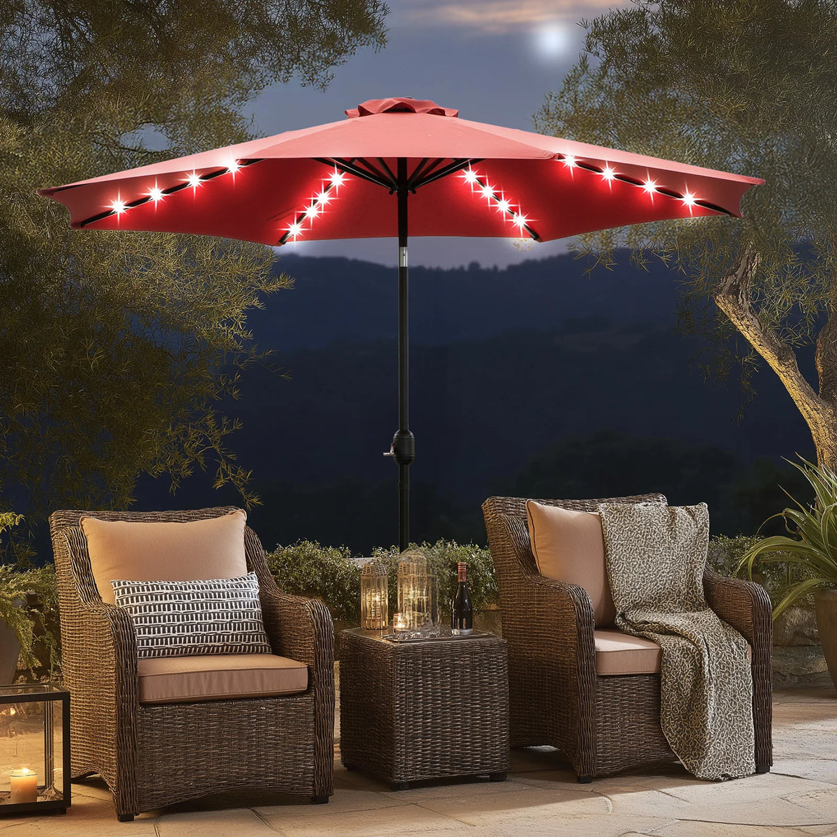 JHK 10FT Solar Patio Umbrella with 32 LED Lights UV-Resistant Outdoor Table Umbrella with Tilt and Crank for Backyard Garden