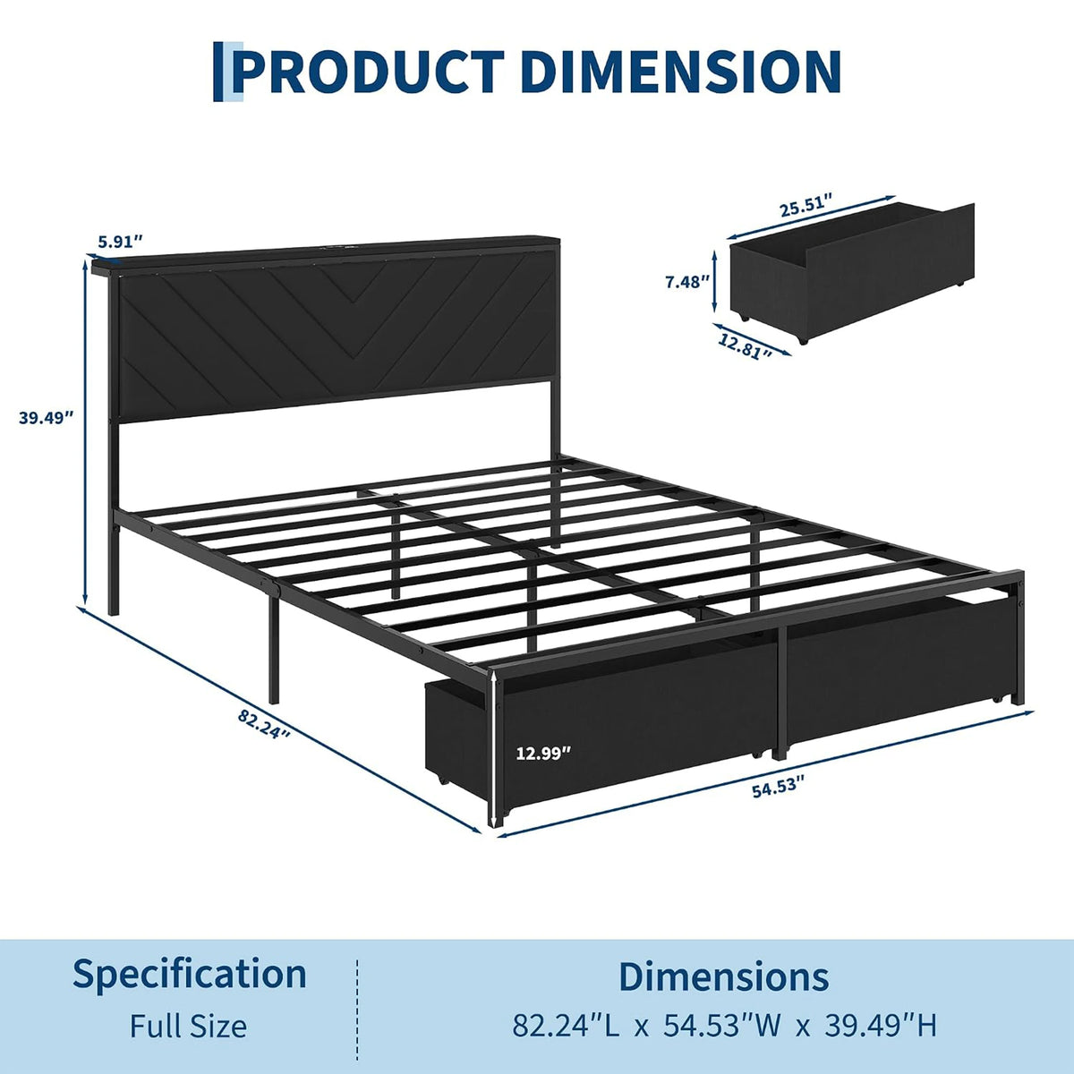 HiMISS Upholstered Metal Platform Bed Frame With Storage Charging Station