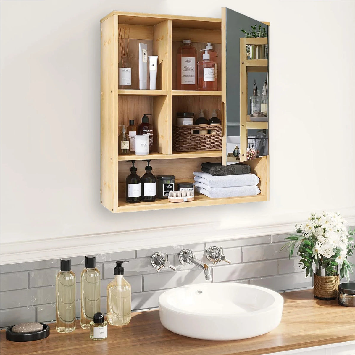 Bamboo Wall Mounted Medicine Cabinet With Mirror And Open Shelves