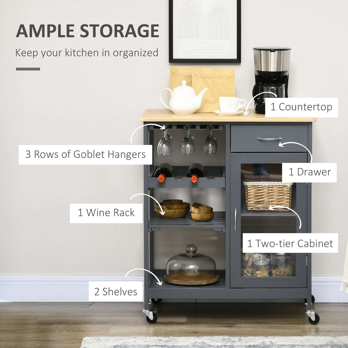 HOMCOM Rolling Kitchen Island With Wine Rack And Storage