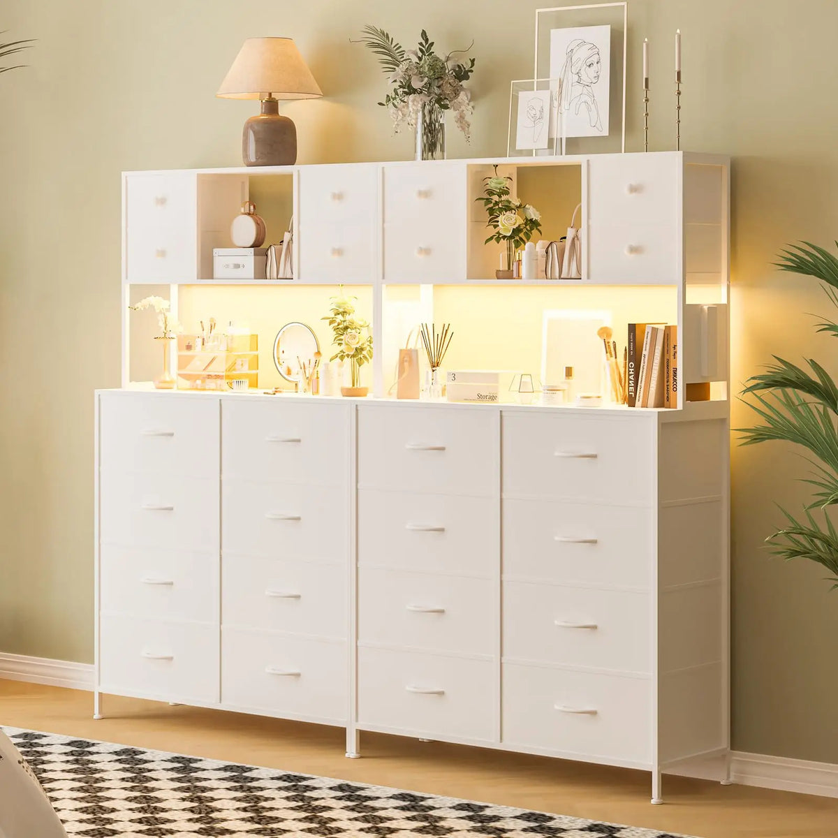12 Drawer Fabric Dresser With Charging Station And LED Light