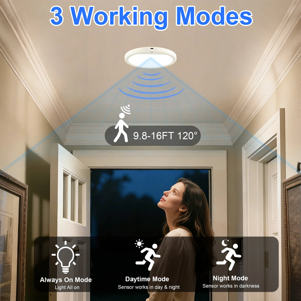 Rechargeable Motion Sensor Ceiling Light 3 Working Models 3000K-6000K Magnetic Wireless LED Ceiling Light with Remote Battery Powered for Closet Shower Stairs Shed Hallway Living Room