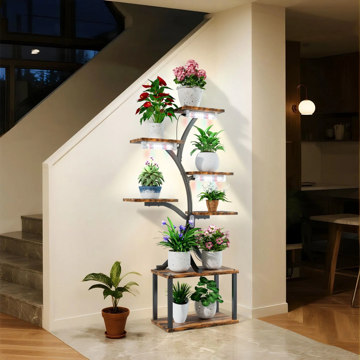 Tree Shaped Metal Plant Stand With Decorative Display Lights