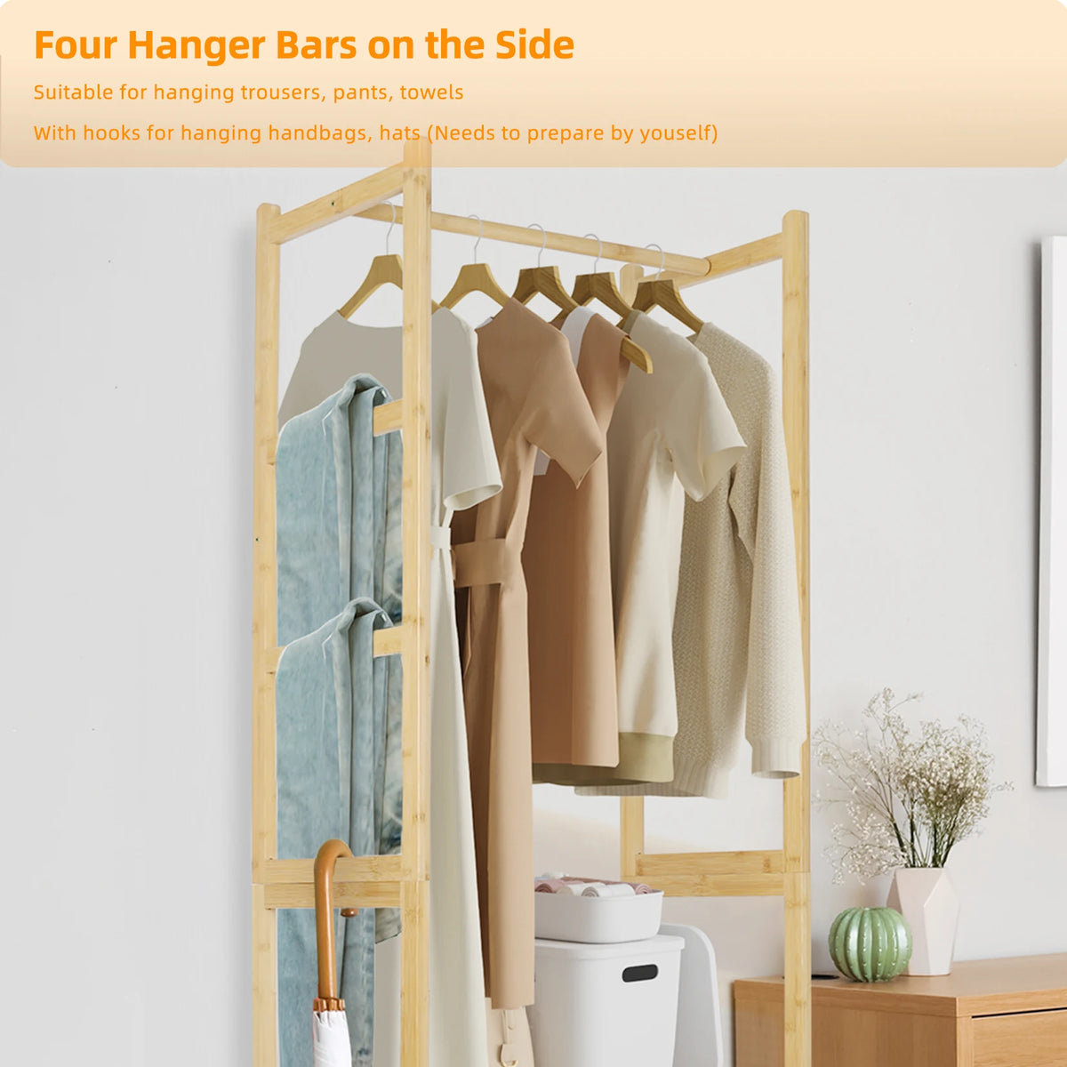 Bamboo Garment Rack With Hanging Rod And Three Storage Shelves