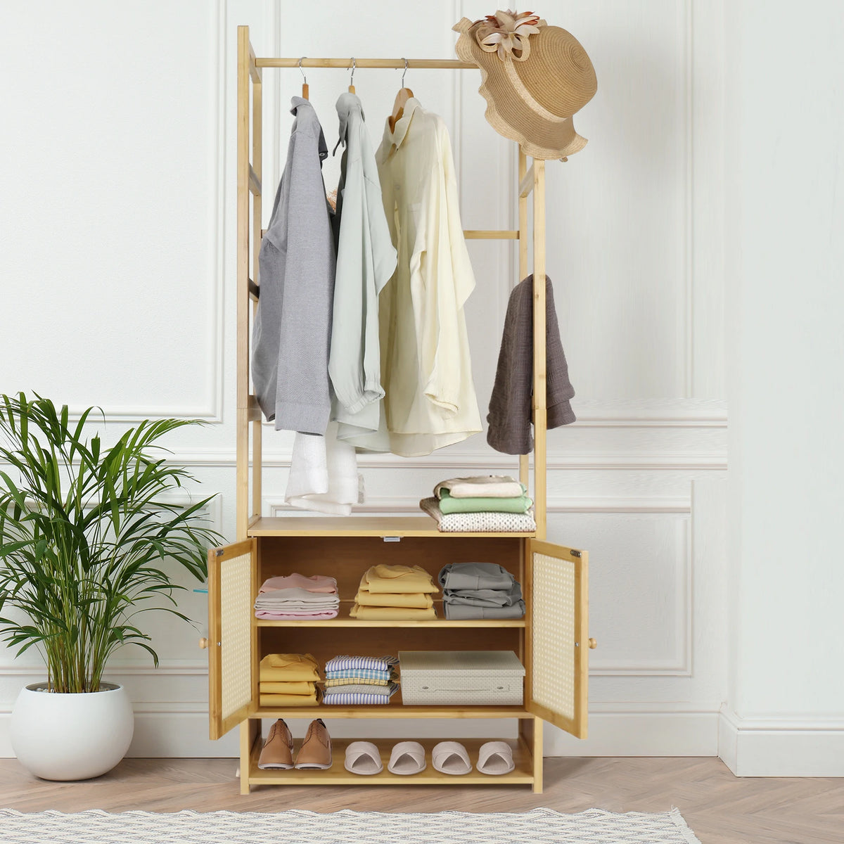 Bamboo Garment Rack With Hanging Rod And Three Storage Shelves