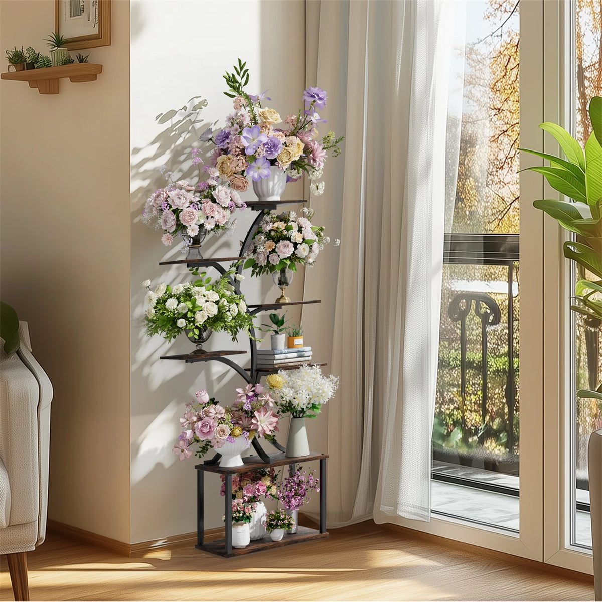 Tree Shaped Metal Plant Stand With Decorative Display Lights
