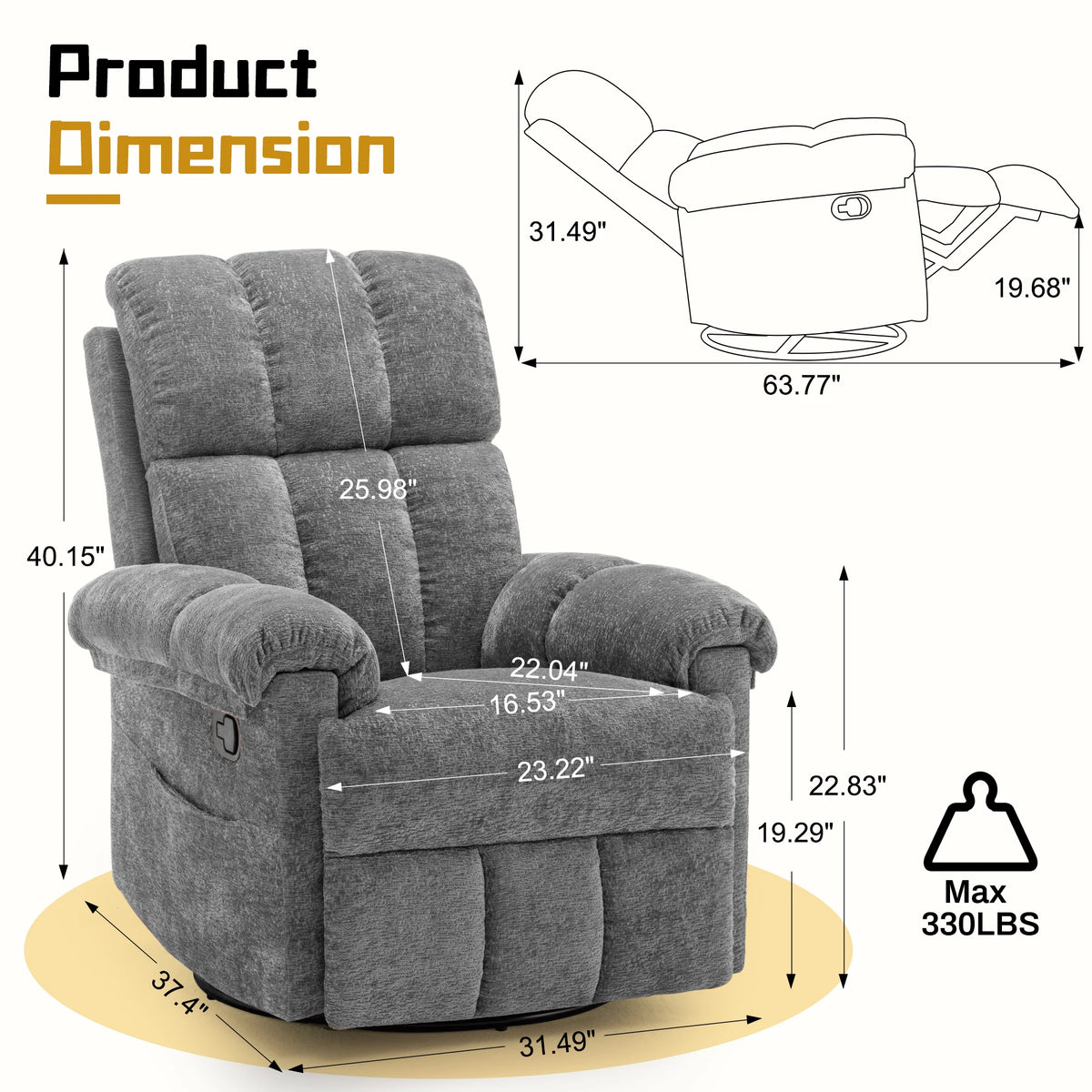KORSER Swivel Rocker Recliner Chair with Side Pockets for Comfort