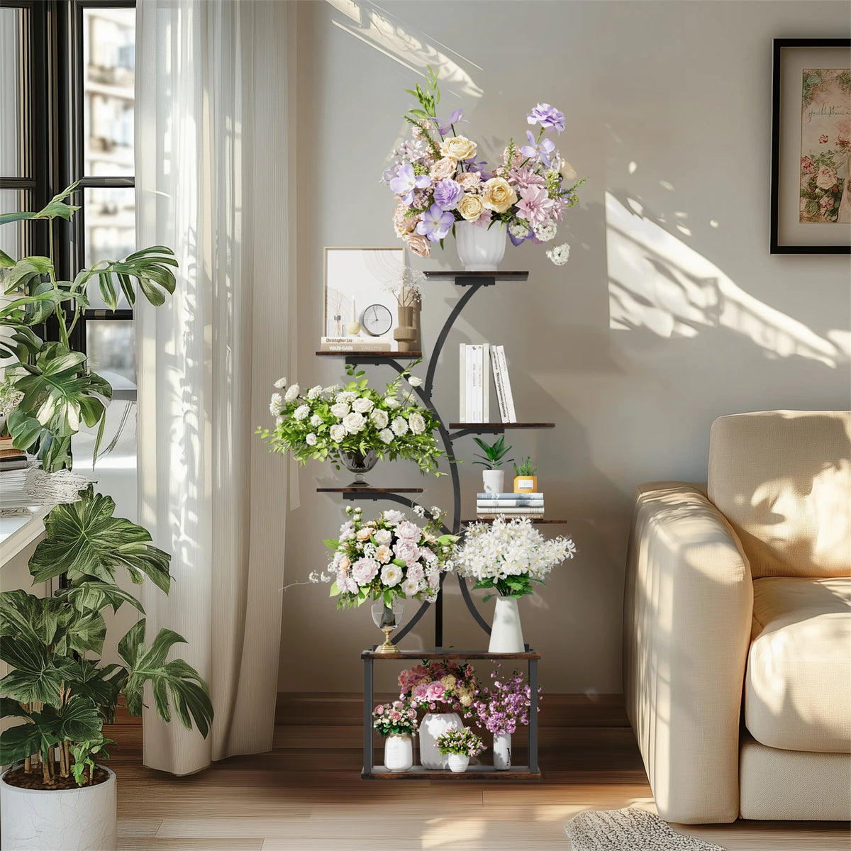 Tree Shaped Metal Plant Stand With Decorative Display Lights
