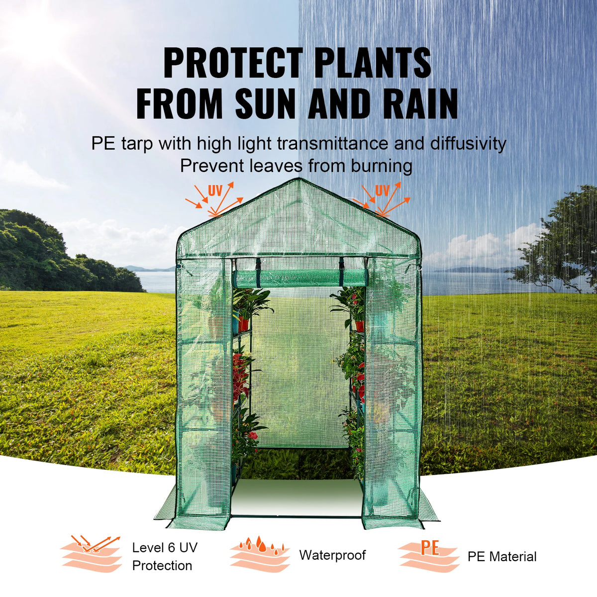SucceBuy Walk-in Green House Greenhouse with Shelves High Strength PE Cover with Doors & Windows and Steel Frame for Planting
