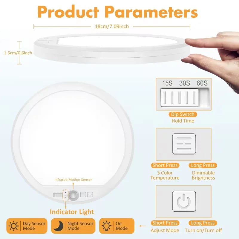 Rechargeable Motion Sensor Ceiling Light 3 Working Models 3000K-6000K Magnetic Wireless LED Ceiling Light with Remote Battery Powered for Closet Shower Stairs Shed Hallway Living Room