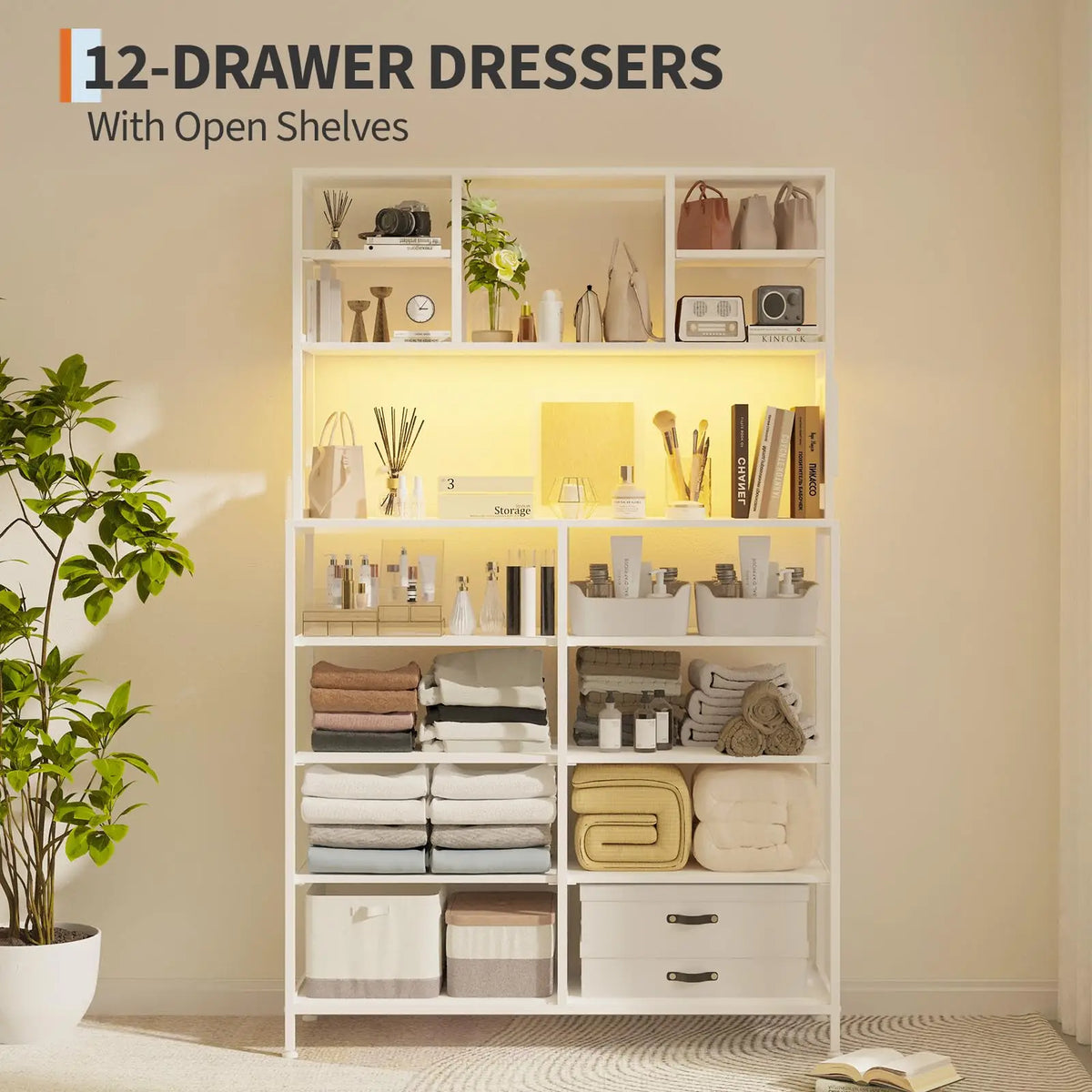12 Drawer Fabric Dresser With Charging Station And LED Light