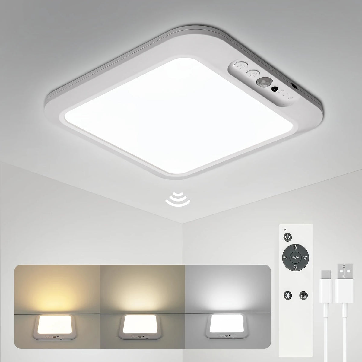 Rechargeable Motion Sensor Ceiling Light 3 Working Models 3000K-6000K Magnetic Wireless LED Ceiling Light with Remote Battery Powered for Closet Shower Stairs Shed Hallway Living Room