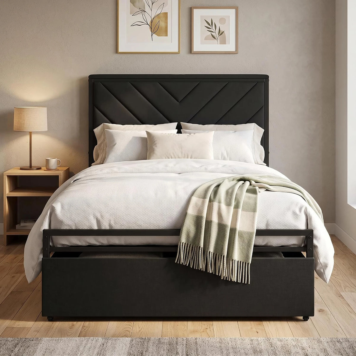 HiMISS Upholstered Metal Platform Bed Frame With Storage Charging Station
